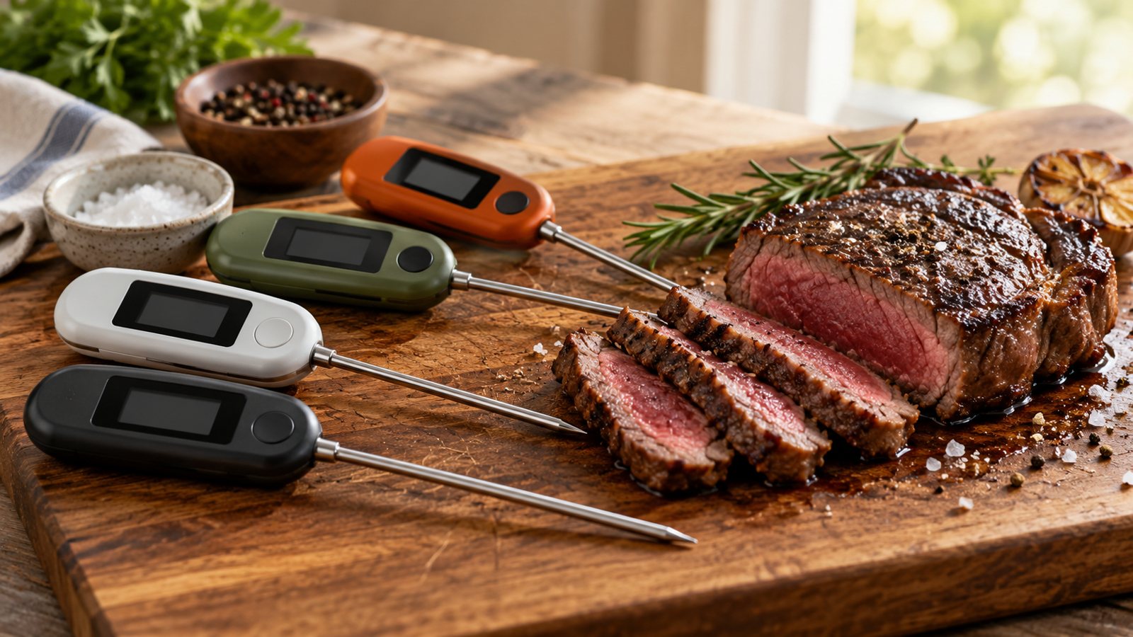 Digital kitchen thermometers on a cutting board (illustrative)