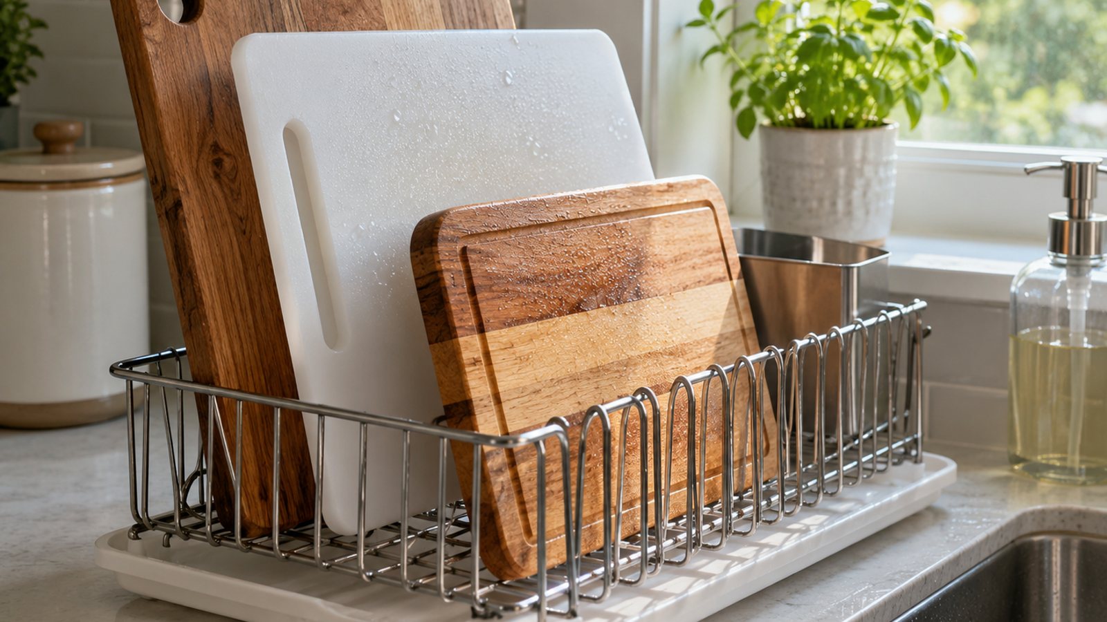 Wood and plastic cutting boards drying (illustrative)