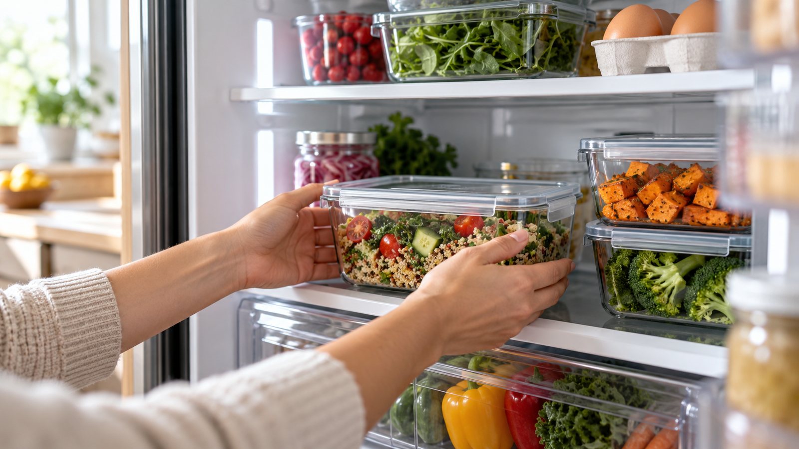 Food storage containers going into a refrigerator (illustrative)